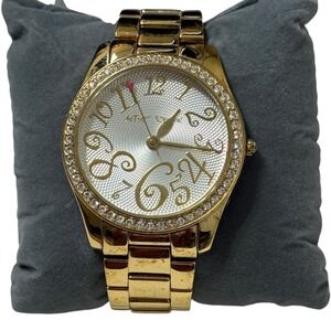 Betsey Johnson Gold Tone‎ Boyfriend Watch Large Face Pink Accent Needs Battery